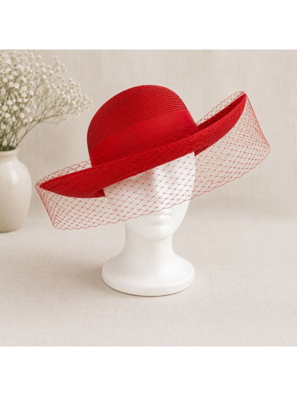 Vintage Red Veil Church Hat Formal Fashion Wide Brim Kentucky Derby Fascinator